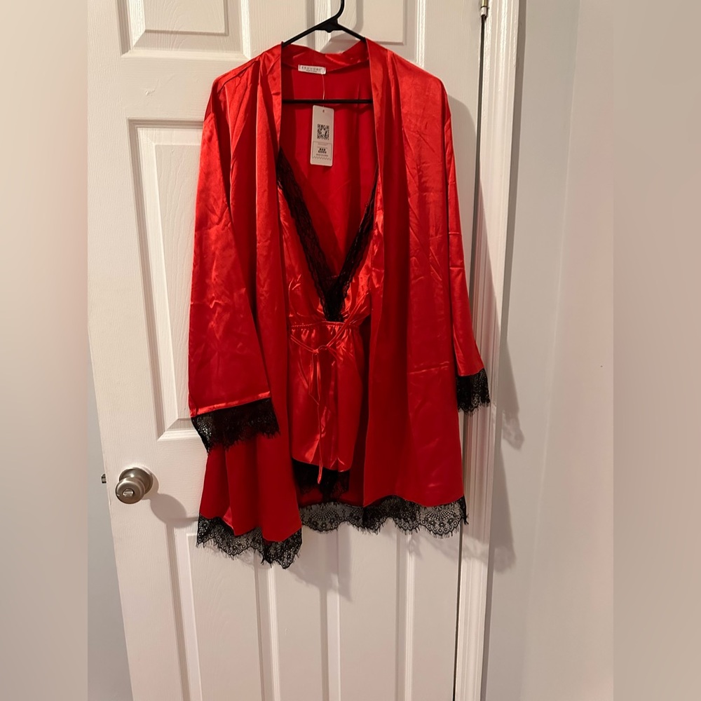Lingerie Set Red robe and Red Romper NWT